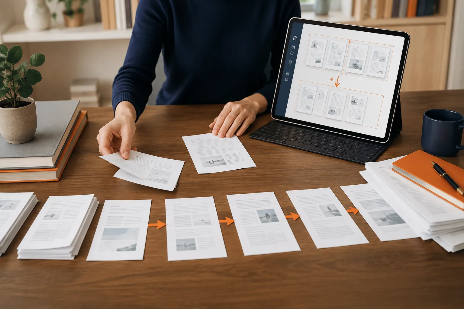 Organized documents and tablet showing pages arranged into a PDF